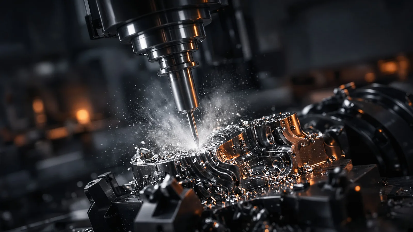 Centro di lavoro CNC a 5 assi durante la fresatura di un componente metallico