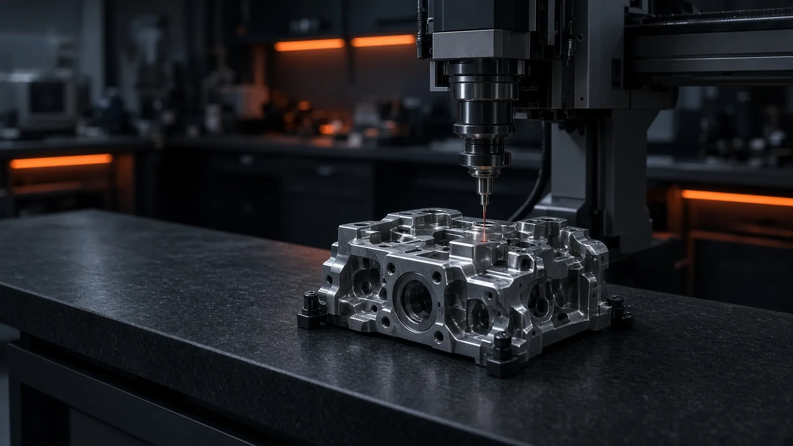 Macchina di misura tridimensionale che controlla un componente su piano di granito